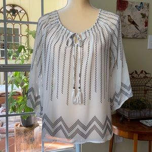 Tassel tie sheer blouse by Skies are Blue, L-petite, black pattern on white.